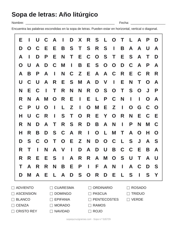 Hoja para imprimir de la sopa de letras del año litúrgico: cuadrícula de 17 × 17 letras con 18 palabras escondidas, renglones para nombre y fecha y la lista de palabras para tachar.