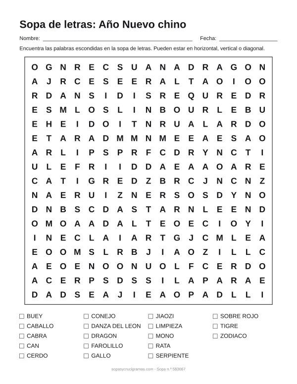 Hoja para imprimir de la sopa de letras del Año Nuevo chino: cuadrícula de 17 × 17 letras con 18 palabras escondidas, renglones para nombre y fecha y la lista de palabras para tachar.