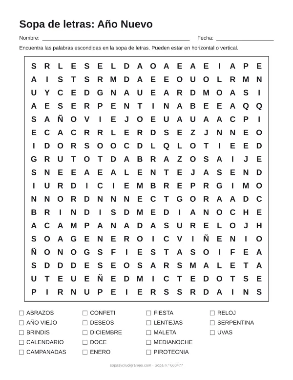 Hoja para imprimir de la sopa de letras de Año Nuevo: cuadrícula de 18 × 18 letras con 18 palabras escondidas, renglones para nombre y fecha y la lista de palabras para tachar.
