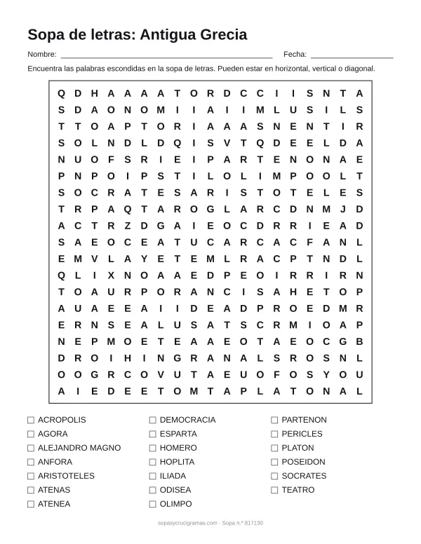 Hoja para imprimir de la sopa de letras de la antigua Grecia: cuadrícula de 19 × 19 letras con 20 palabras escondidas, renglones para nombre y fecha y la lista de palabras para tachar.