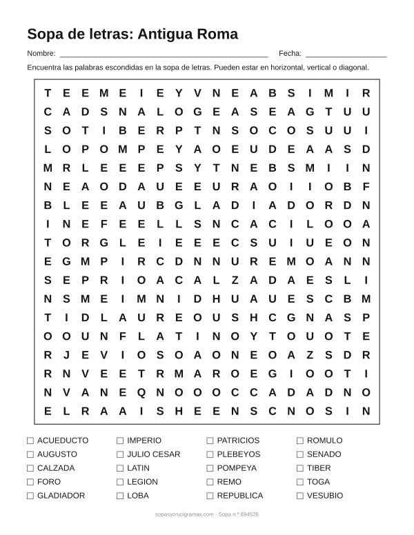 Hoja para imprimir de la sopa de letras de la antigua Roma: cuadrícula de 18 × 18 letras con 20 palabras escondidas, renglones para nombre y fecha y la lista de palabras para tachar.