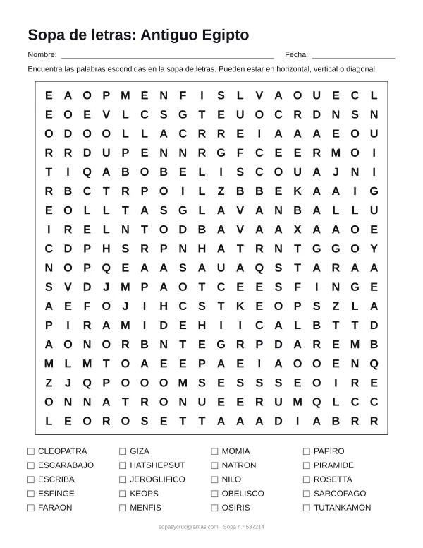 Hoja para imprimir de la sopa de letras del antiguo Egipto: cuadrícula de 18 × 18 letras con 20 palabras escondidas, renglones para nombre y fecha y la lista de palabras para tachar.