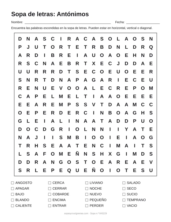 Hoja para imprimir de la sopa de letras de antónimos: cuadrícula de 17 × 17 letras con 20 palabras escondidas, renglones para nombre y fecha y la lista de palabras para tachar.