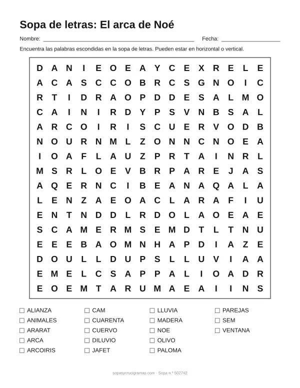 Hoja para imprimir de la sopa de letras del arca de Noé: cuadrícula de 16 × 16 letras con 18 palabras escondidas, renglones para nombre y fecha y la lista de palabras para tachar.