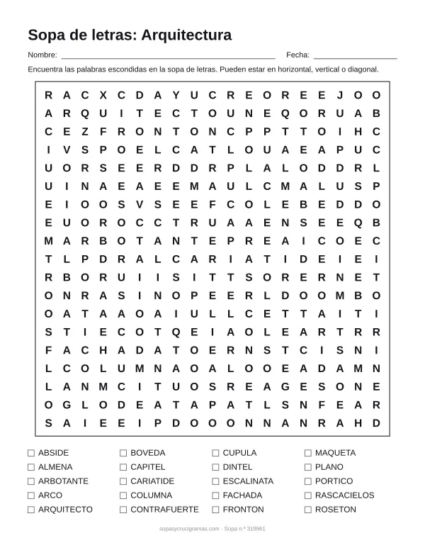 Hoja para imprimir de la sopa de letras de arquitectura: cuadrícula de 19 × 19 letras con 20 palabras escondidas, renglones para nombre y fecha y la lista de palabras para tachar.