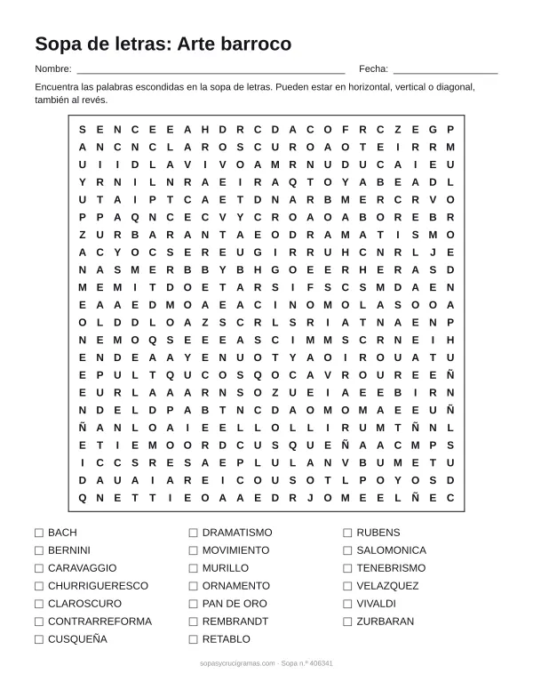 Hoja para imprimir de la sopa de letras del arte barroco: cuadrícula de 22 × 22 letras con 20 palabras escondidas, renglones para nombre y fecha y la lista de palabras para tachar.