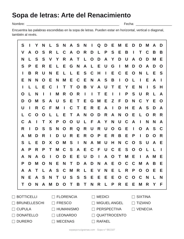 Hoja para imprimir de la sopa de letras del arte del Renacimiento: cuadrícula de 21 × 21 letras con 18 palabras escondidas, renglones para nombre y fecha y la lista de palabras para tachar.