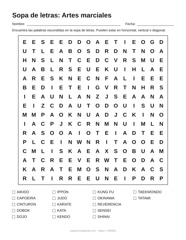 Hoja para imprimir de la sopa de letras de artes marciales: cuadrícula de 16 × 16 letras con 17 palabras escondidas, renglones para nombre y fecha y la lista de palabras para tachar.