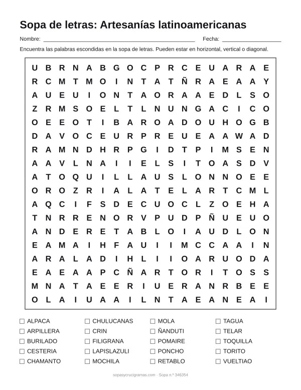 Hoja para imprimir de la sopa de letras de artesanías latinoamericanas: cuadrícula de 18 × 18 letras con 20 palabras escondidas, renglones para nombre y fecha y la lista de palabras para tachar.