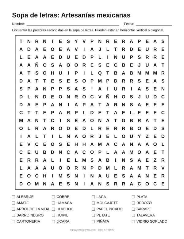 Hoja para imprimir de la sopa de letras de artesanías mexicanas: cuadrícula de 19 × 19 letras con 20 palabras escondidas, renglones para nombre y fecha y la lista de palabras para tachar.