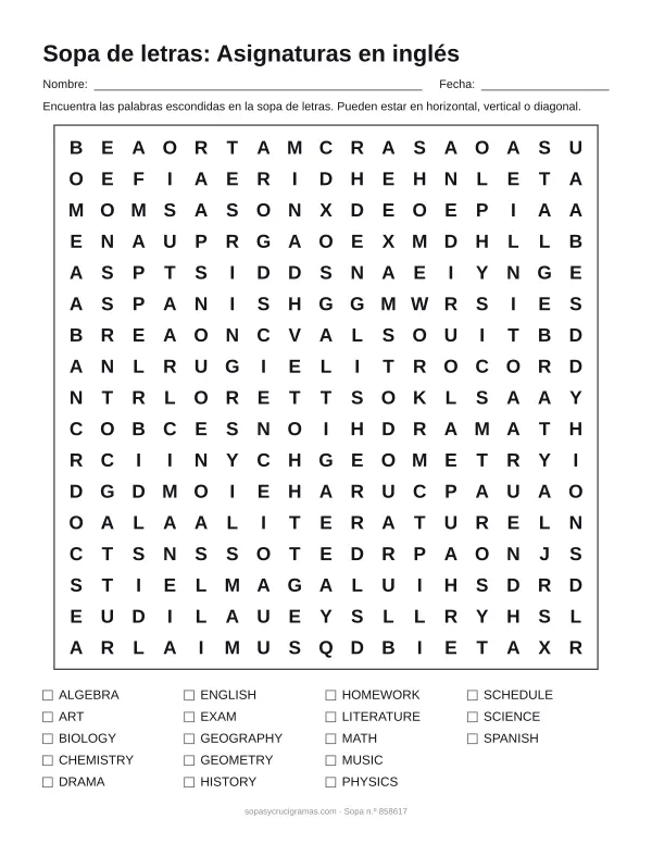 Hoja para imprimir de la sopa de letras de asignaturas en inglés: cuadrícula de 17 × 17 letras con 18 palabras escondidas, renglones para nombre y fecha y la lista de palabras para tachar.