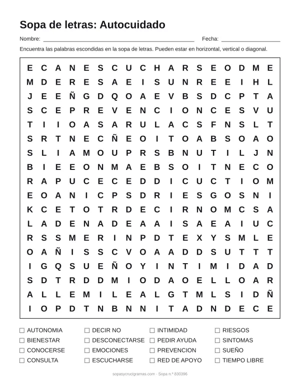 Hoja para imprimir de la sopa de letras del autocuidado: cuadrícula de 18 × 18 letras con 16 palabras escondidas, renglones para nombre y fecha y la lista de palabras para tachar.