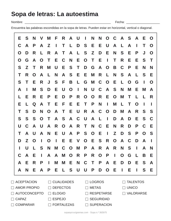 Hoja para imprimir de la sopa de letras de la autoestima: cuadrícula de 19 × 19 letras con 18 palabras escondidas, renglones para nombre y fecha y la lista de palabras para tachar.