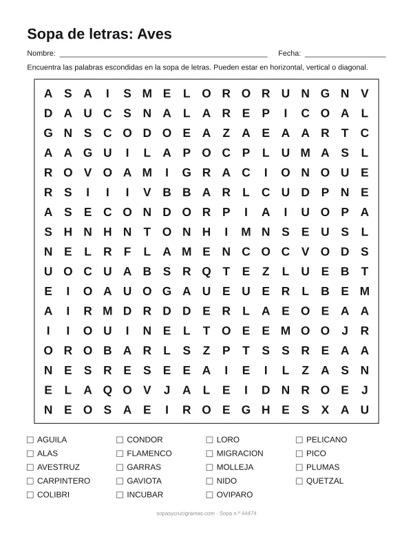 Hoja para imprimir de la sopa de letras de las aves: cuadrícula de 17 × 17 letras con 19 palabras escondidas, renglones para nombre y fecha y la lista de palabras para tachar.