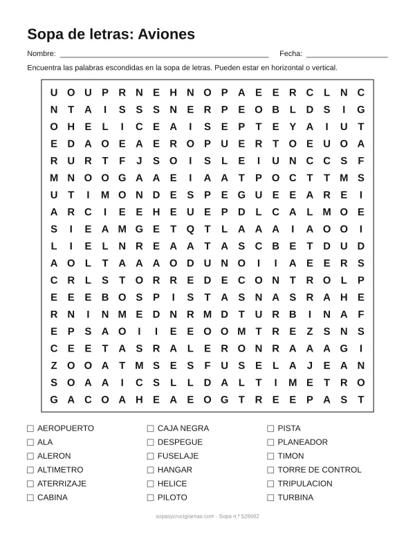 Hoja para imprimir de la sopa de letras de aviones y aeropuertos: cuadrícula de 19 × 19 letras con 18 palabras escondidas, renglones para nombre y fecha y la lista de palabras para tachar.