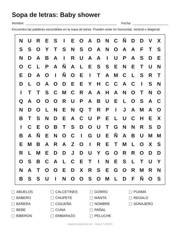 Hoja para imprimir de la sopa de letras de baby shower: cuadrícula de 17 × 17 letras con 18 palabras escondidas, renglones para nombre y fecha y la lista de palabras para tachar.
