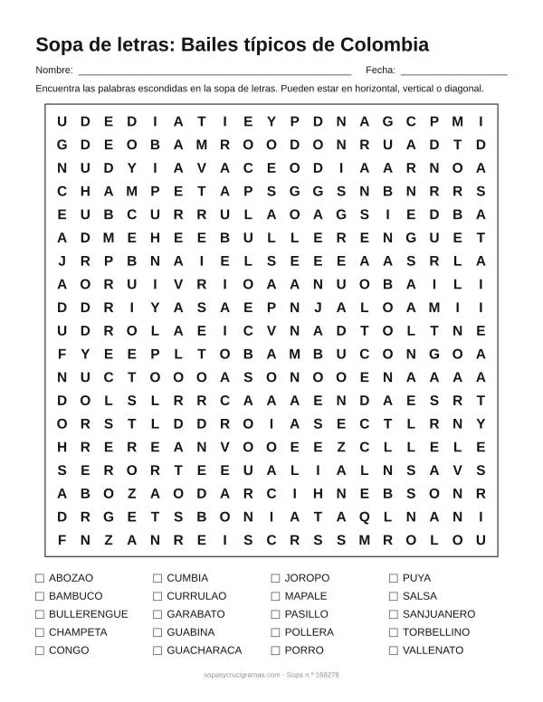 Hoja para imprimir de la sopa de letras de bailes de Colombia: cuadrícula de 19 × 19 letras con 20 palabras escondidas, renglones para nombre y fecha y la lista de palabras para tachar.