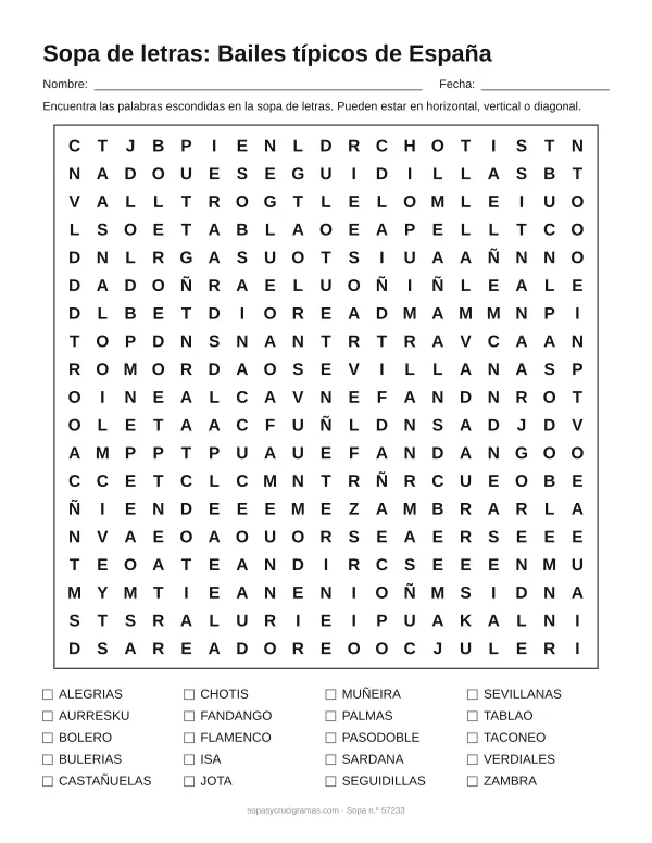 Hoja para imprimir de la sopa de letras de bailes de España: cuadrícula de 19 × 19 letras con 20 palabras escondidas, renglones para nombre y fecha y la lista de palabras para tachar.