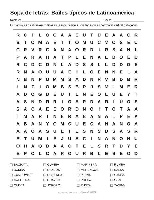 Hoja para imprimir de la sopa de letras de bailes latinoamericanos: cuadrícula de 17 × 17 letras con 20 palabras escondidas, renglones para nombre y fecha y la lista de palabras para tachar.