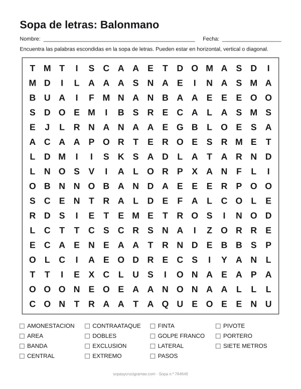 Hoja para imprimir de la sopa de letras de balonmano: cuadrícula de 17 × 17 letras con 15 palabras escondidas, renglones para nombre y fecha y la lista de palabras para tachar.