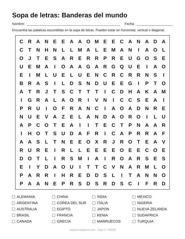 Hoja para imprimir de la sopa de letras de banderas del mundo: cuadrícula de 18 × 18 letras con 20 palabras escondidas, renglones para nombre y fecha y la lista de palabras para tachar.