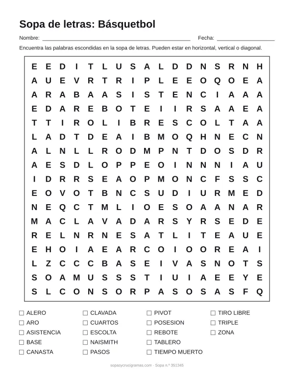 Hoja para imprimir de la sopa de letras de básquetbol: cuadrícula de 17 × 17 letras con 18 palabras escondidas, renglones para nombre y fecha y la lista de palabras para tachar.