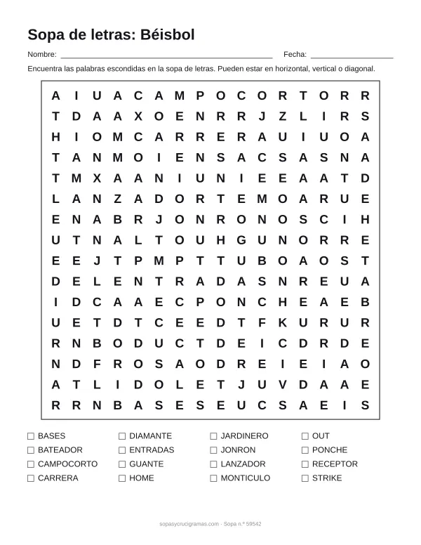 Hoja para imprimir de la sopa de letras de béisbol: cuadrícula de 16 × 16 letras con 16 palabras escondidas, renglones para nombre y fecha y la lista de palabras para tachar.
