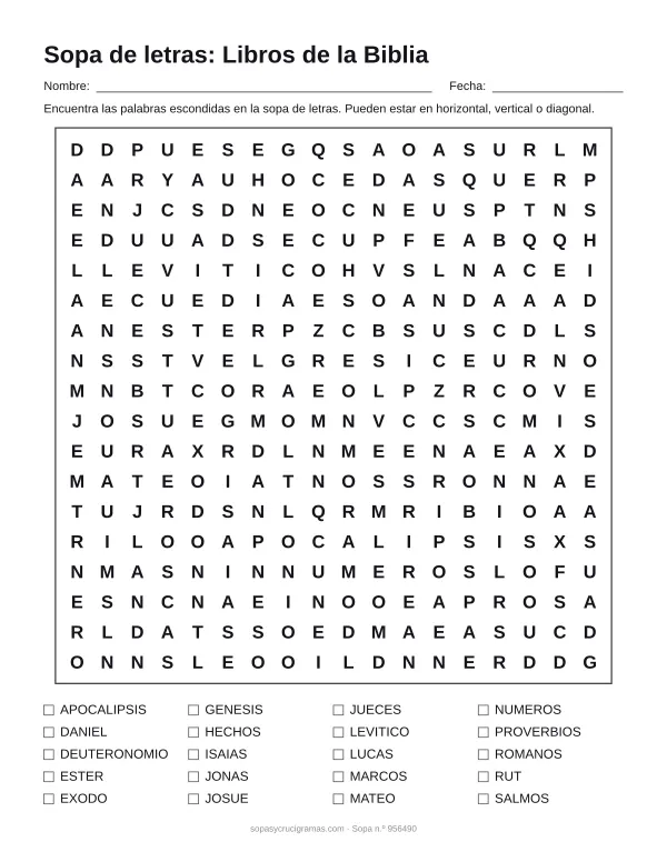 Hoja para imprimir de la sopa de letras de los libros de la Biblia: cuadrícula de 18 × 18 letras con 20 palabras escondidas, renglones para nombre y fecha y la lista de palabras para tachar.