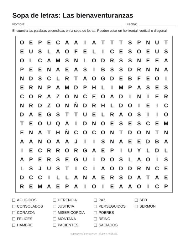 Hoja para imprimir de la sopa de letras de las bienaventuranzas: cuadrícula de 17 × 17 letras con 17 palabras escondidas, renglones para nombre y fecha y la lista de palabras para tachar.