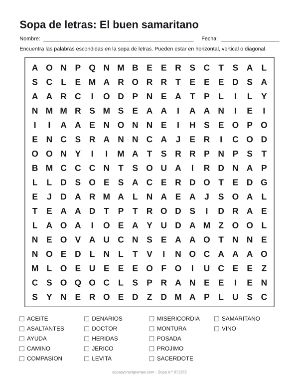 Hoja para imprimir de la sopa de letras de la parábola del buen samaritano: cuadrícula de 17 × 17 letras con 17 palabras escondidas, renglones para nombre y fecha y la lista de palabras para tachar.
