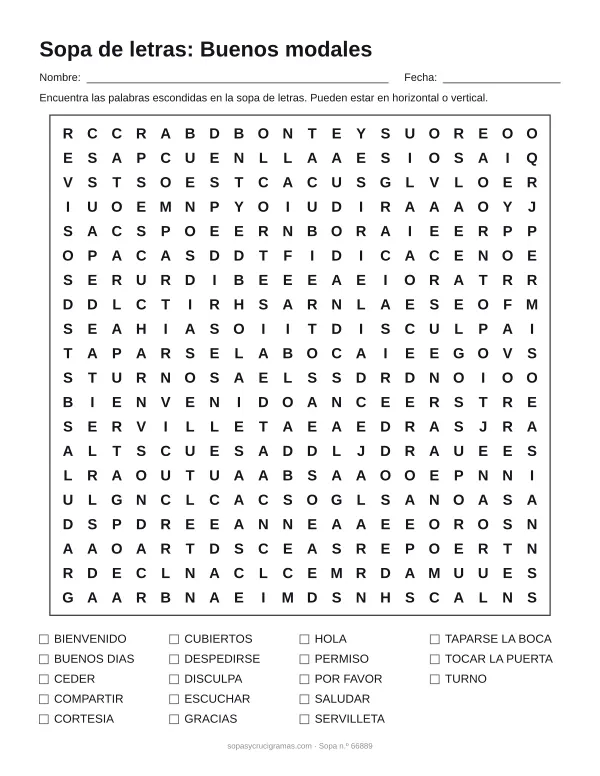 Hoja para imprimir de la sopa de letras de buenos modales: cuadrícula de 20 × 20 letras con 18 palabras escondidas, renglones para nombre y fecha y la lista de palabras para tachar.