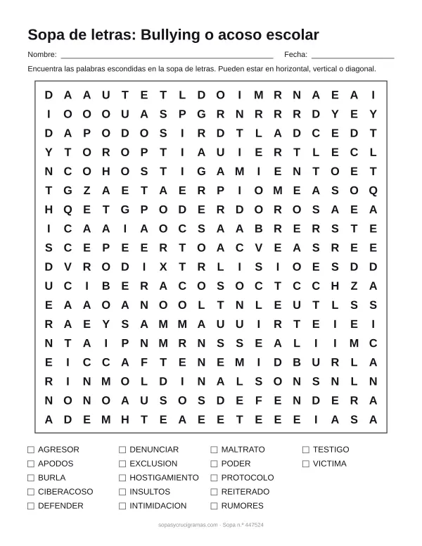 Hoja para imprimir de la sopa de letras del bullying: cuadrícula de 18 × 18 letras con 17 palabras escondidas, renglones para nombre y fecha y la lista de palabras para tachar.