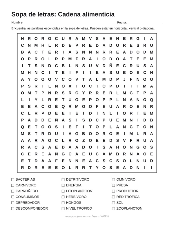 Hoja para imprimir de la sopa de letras de la cadena alimenticia: cuadrícula de 20 × 20 letras con 18 palabras escondidas, renglones para nombre y fecha y la lista de palabras para tachar.