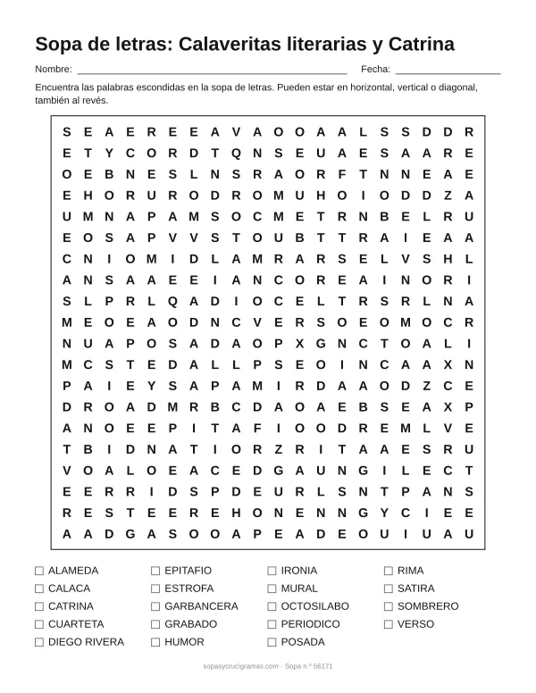 Hoja para imprimir de la sopa de letras de calaveritas literarias: cuadrícula de 20 × 20 letras con 19 palabras escondidas, renglones para nombre y fecha y la lista de palabras para tachar.