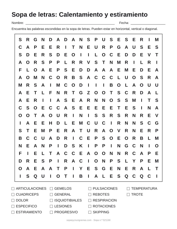 Hoja para imprimir de la sopa de letras de calentamiento y estiramiento: cuadrícula de 19 × 19 letras con 17 palabras escondidas, renglones para nombre y fecha y la lista de palabras para tachar.