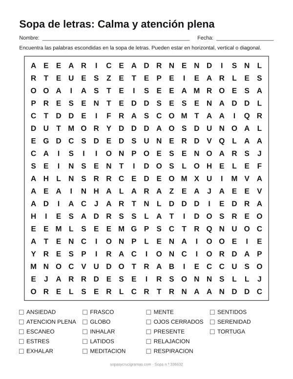 Hoja para imprimir de la sopa de letras de calma y atención plena: cuadrícula de 19 × 19 letras con 18 palabras escondidas, renglones para nombre y fecha y la lista de palabras para tachar.