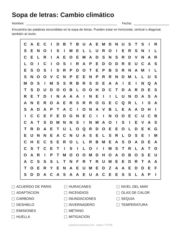 Hoja para imprimir de la sopa de letras del cambio climático: cuadrícula de 21 × 21 letras con 16 palabras escondidas, renglones para nombre y fecha y la lista de palabras para tachar.