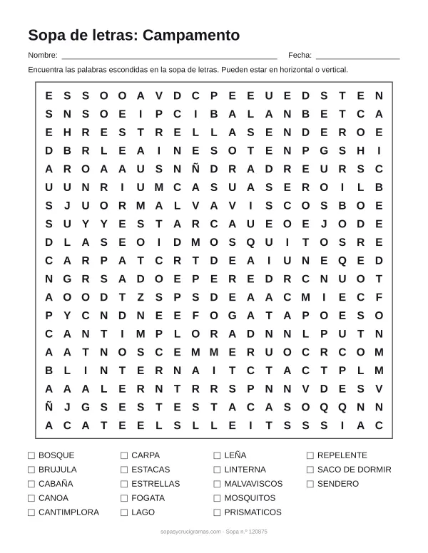 Hoja para imprimir de la sopa de letras de campamento: cuadrícula de 19 × 19 letras con 18 palabras escondidas, renglones para nombre y fecha y la lista de palabras para tachar.