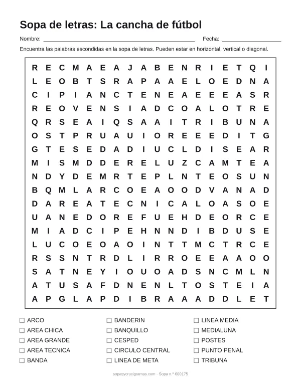 Hoja para imprimir de la sopa de letras de la cancha de fútbol: cuadrícula de 18 × 18 letras con 15 palabras escondidas, renglones para nombre y fecha y la lista de palabras para tachar.