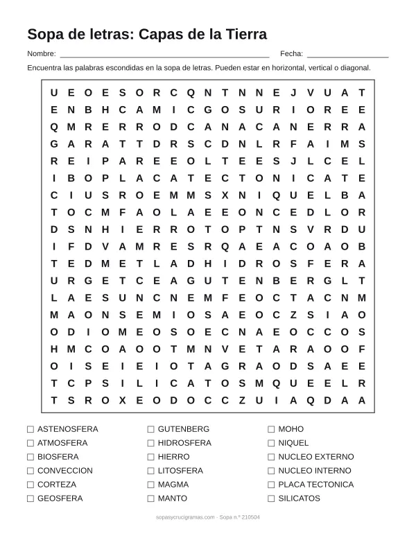 Hoja para imprimir de la sopa de letras de las capas de la Tierra: cuadrícula de 19 × 19 letras con 18 palabras escondidas, renglones para nombre y fecha y la lista de palabras para tachar.