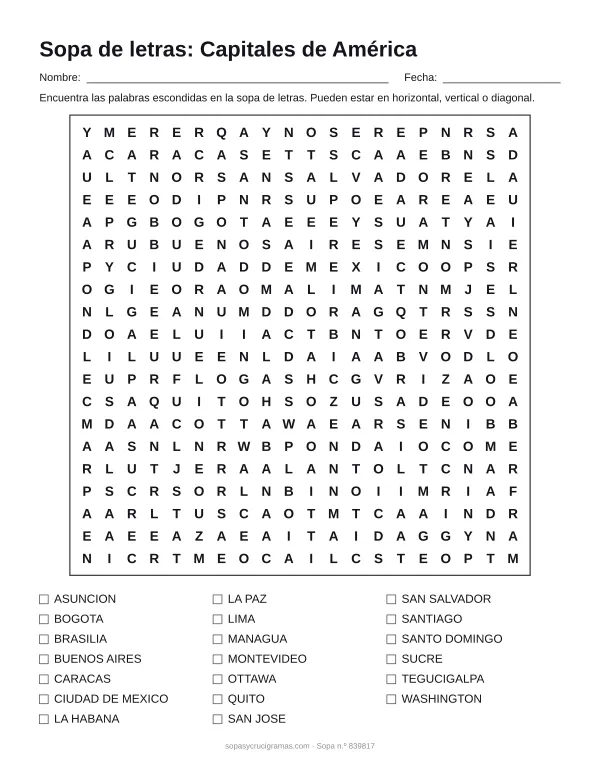 Hoja para imprimir de la sopa de letras de capitales de América: cuadrícula de 20 × 20 letras con 20 palabras escondidas, renglones para nombre y fecha y la lista de palabras para tachar.