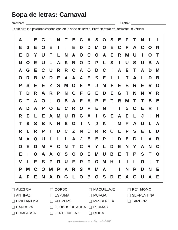 Hoja para imprimir de la sopa de letras de carnaval: cuadrícula de 19 × 19 letras con 18 palabras escondidas, renglones para nombre y fecha y la lista de palabras para tachar.