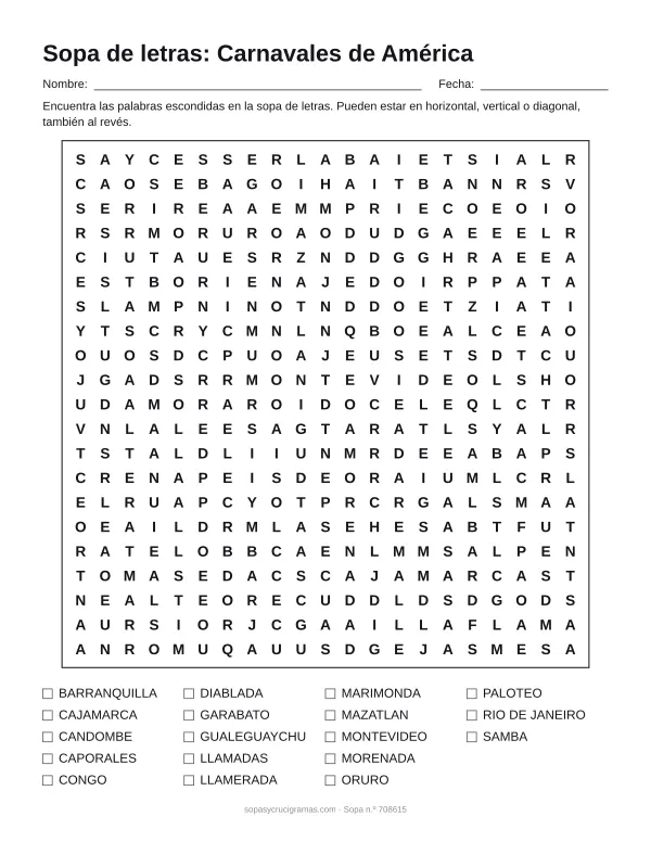 Hoja para imprimir de la sopa de letras de los carnavales de América: cuadrícula de 21 × 21 letras con 18 palabras escondidas, renglones para nombre y fecha y la lista de palabras para tachar.