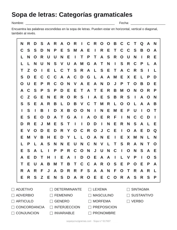 Hoja para imprimir de la sopa de letras de categorías gramaticales: cuadrícula de 21 × 21 letras con 18 palabras escondidas, renglones para nombre y fecha y la lista de palabras para tachar.