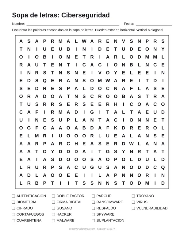 Hoja para imprimir de la sopa de letras de ciberseguridad: cuadrícula de 19 × 19 letras con 18 palabras escondidas, renglones para nombre y fecha y la lista de palabras para tachar.