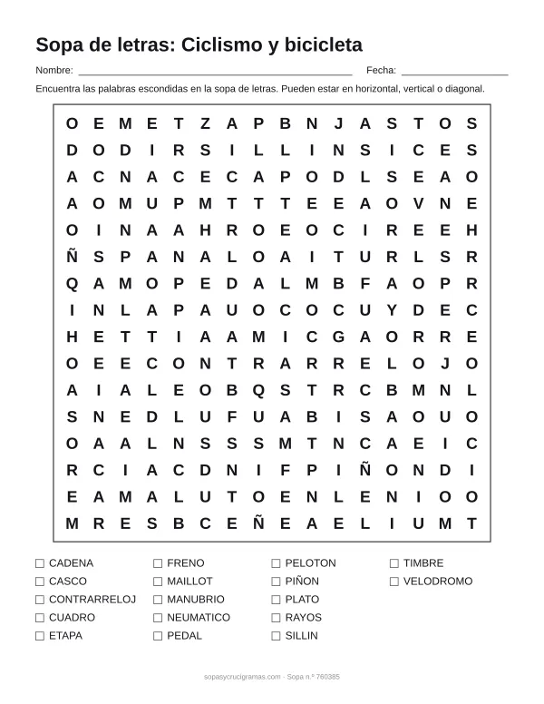 Hoja para imprimir de la sopa de letras de ciclismo: cuadrícula de 16 × 16 letras con 17 palabras escondidas, renglones para nombre y fecha y la lista de palabras para tachar.
