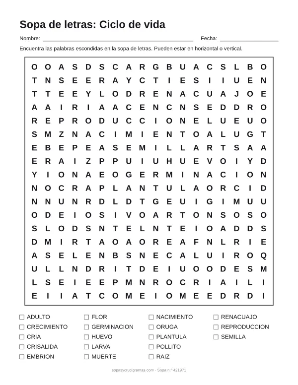 Hoja para imprimir de la sopa de letras del ciclo de vida: cuadrícula de 18 × 18 letras con 18 palabras escondidas, renglones para nombre y fecha y la lista de palabras para tachar.