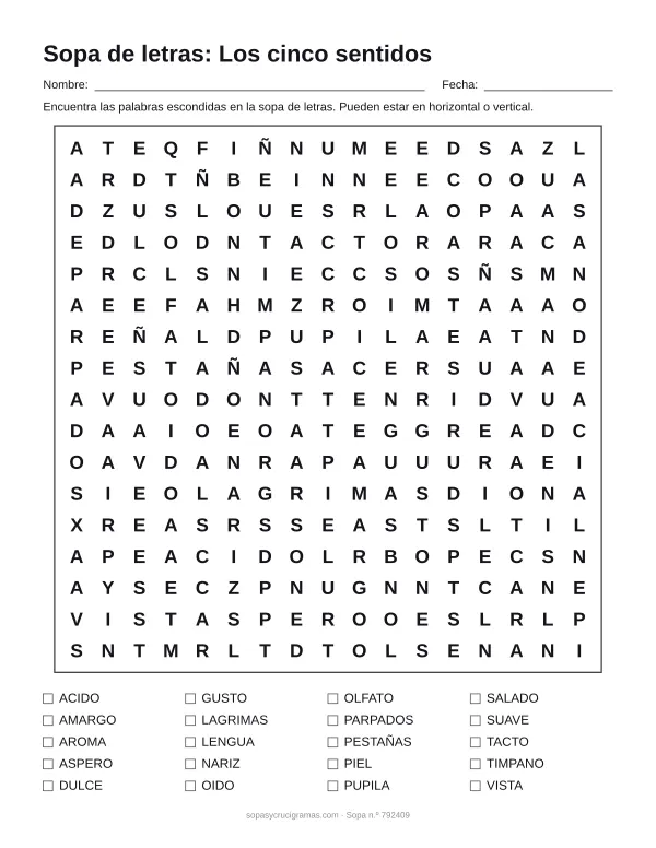 Hoja para imprimir de la sopa de letras de los cinco sentidos: cuadrícula de 17 × 17 letras con 20 palabras escondidas, renglones para nombre y fecha y la lista de palabras para tachar.