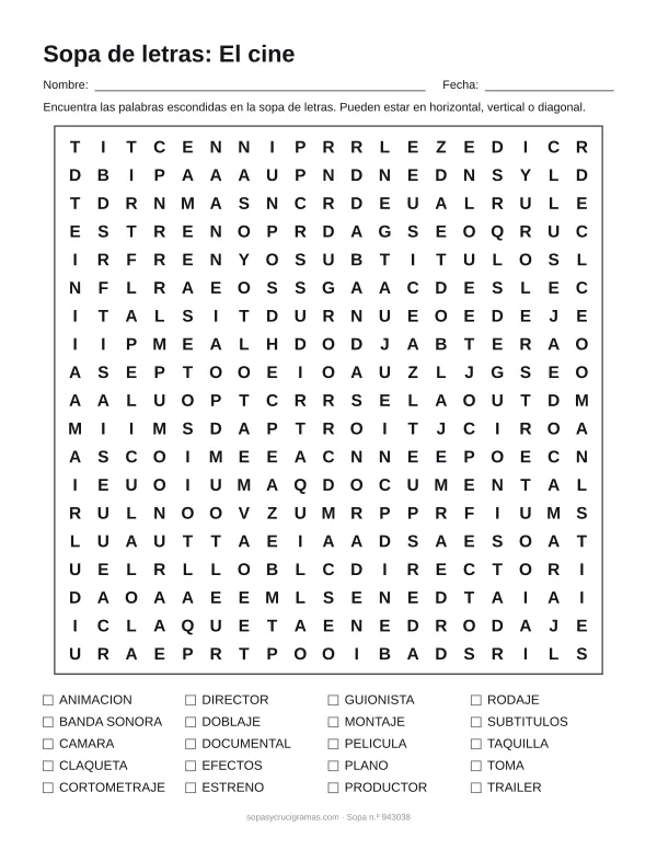 Hoja para imprimir de la sopa de letras del cine: cuadrícula de 19 × 19 letras con 20 palabras escondidas, renglones para nombre y fecha y la lista de palabras para tachar.