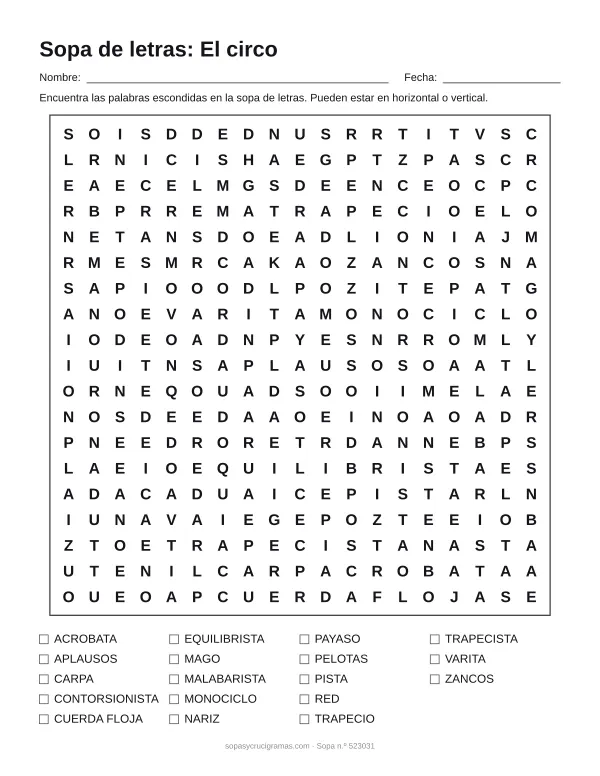 Hoja para imprimir de la sopa de letras del circo: cuadrícula de 19 × 19 letras con 18 palabras escondidas, renglones para nombre y fecha y la lista de palabras para tachar.